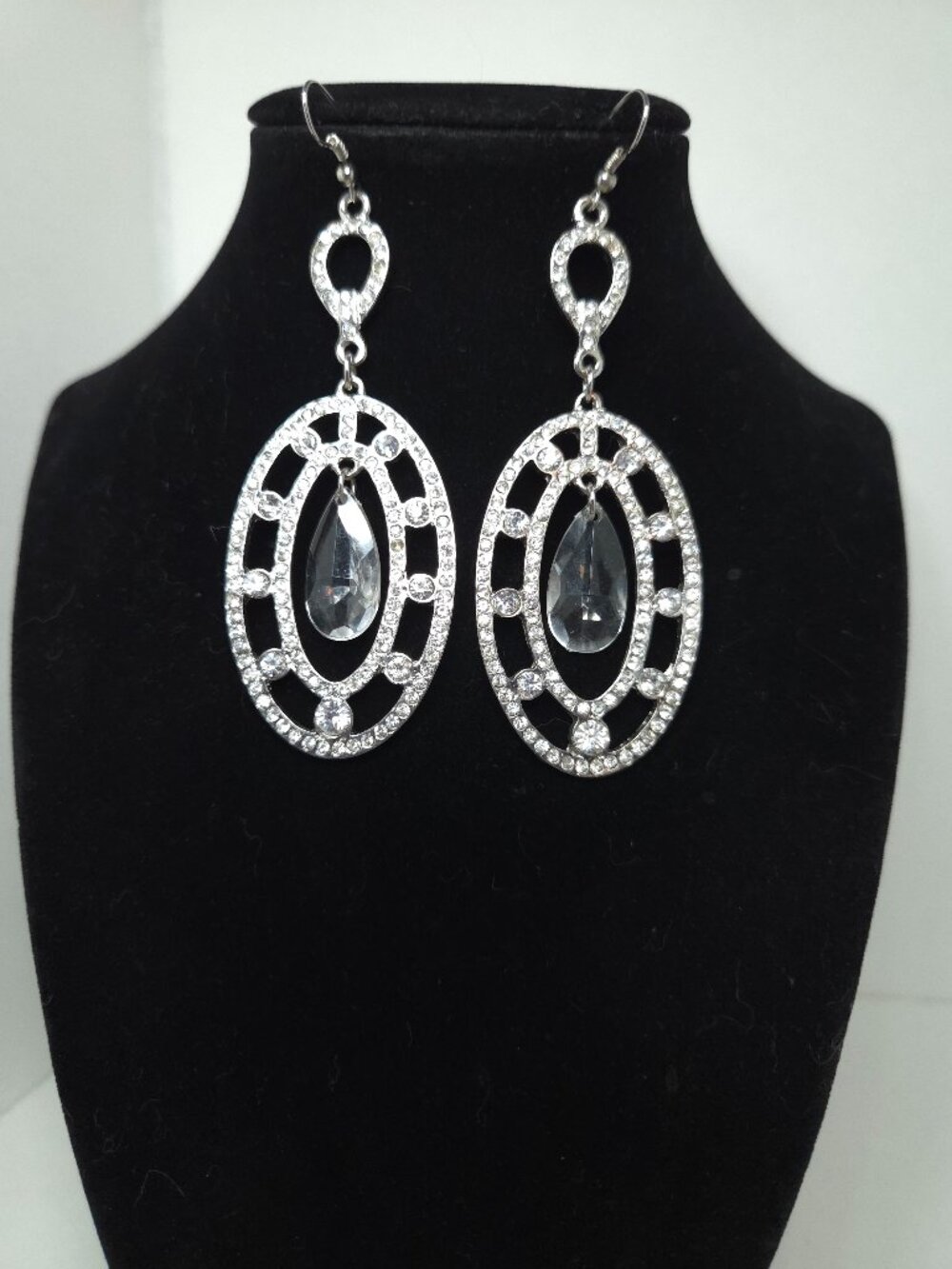 Large Rhinestone Silver-Tone Dangle Pierced Earrings - Picture 1 of 4